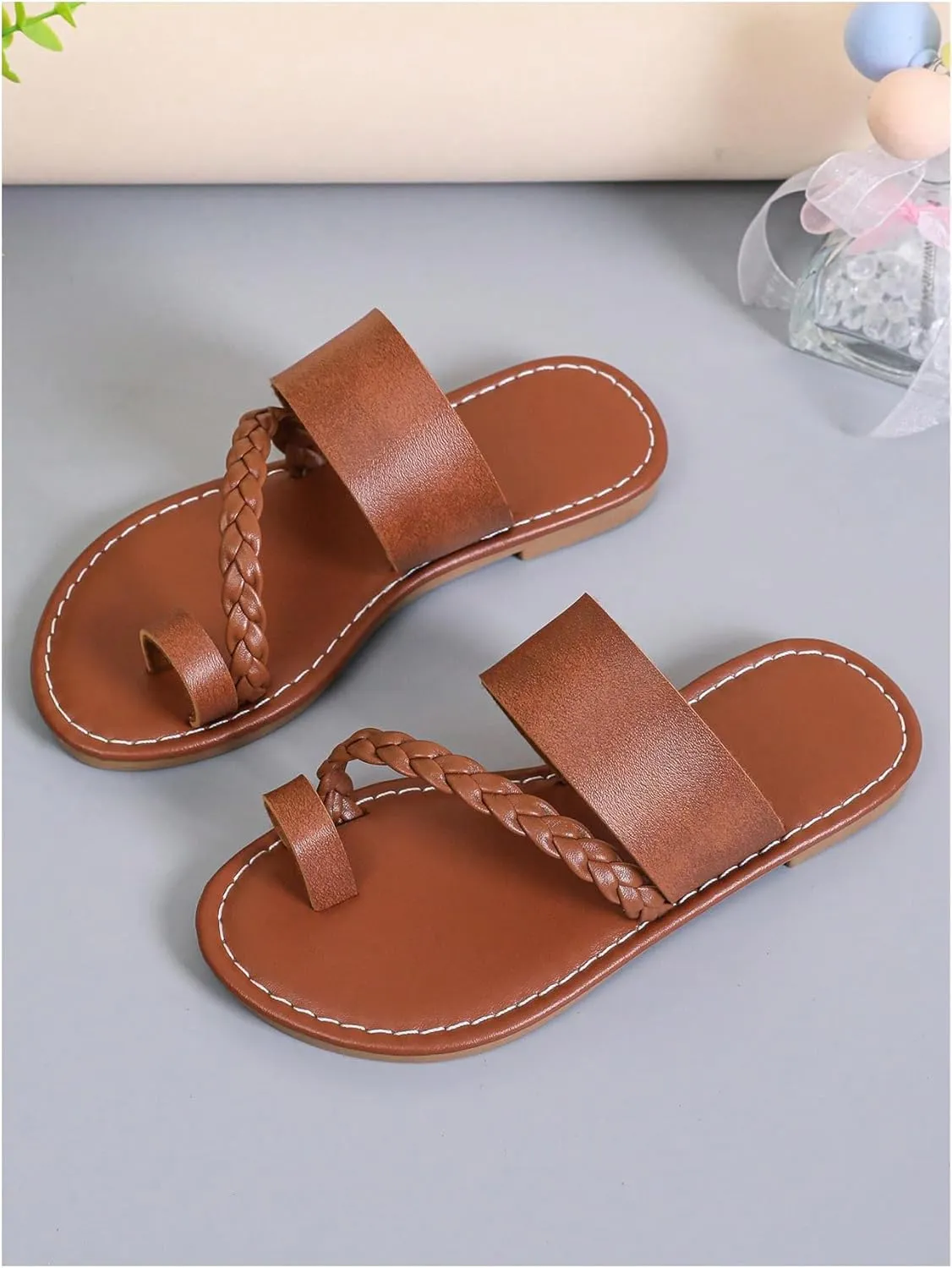 GORGLITTER Girl's Strappy Leather Flats Sandal Cute Braided Dressy Toe Ring Slip on Slide Sandals