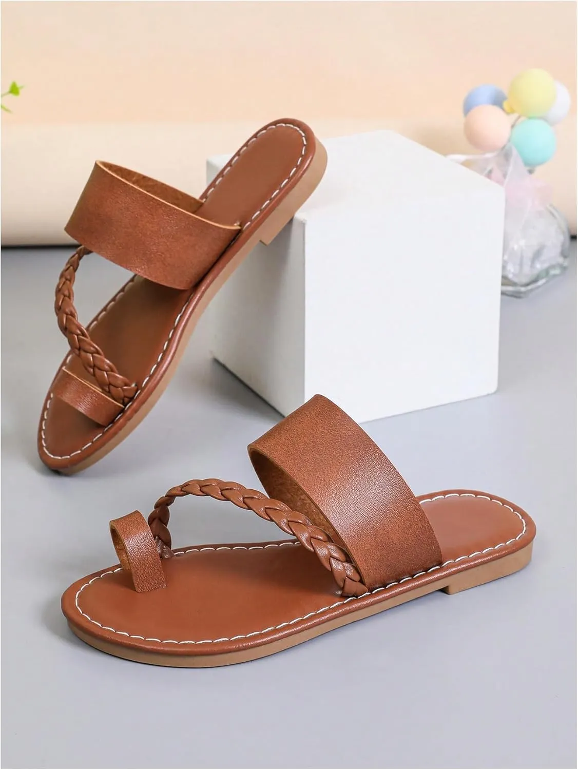 GORGLITTER Girl's Strappy Leather Flats Sandal Cute Braided Dressy Toe Ring Slip on Slide Sandals
