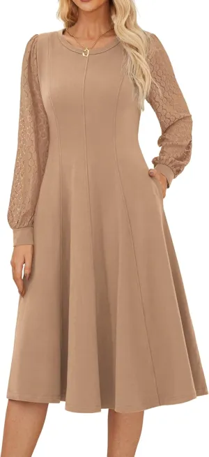GRACE KARIN Women's 2025 Summer Long Lace Sleeve Dresses Crewneck Pleated A Line Flowy Casual Midi Dresses with Pockets