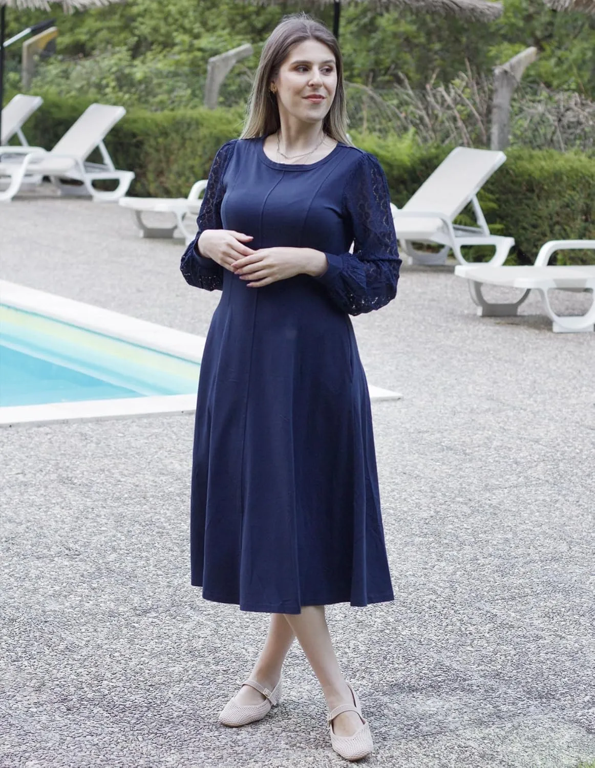 GRACE KARIN Women's 2025 Summer Long Lace Sleeve Dresses Crewneck Pleated A Line Flowy Casual Midi Dresses with Pockets
