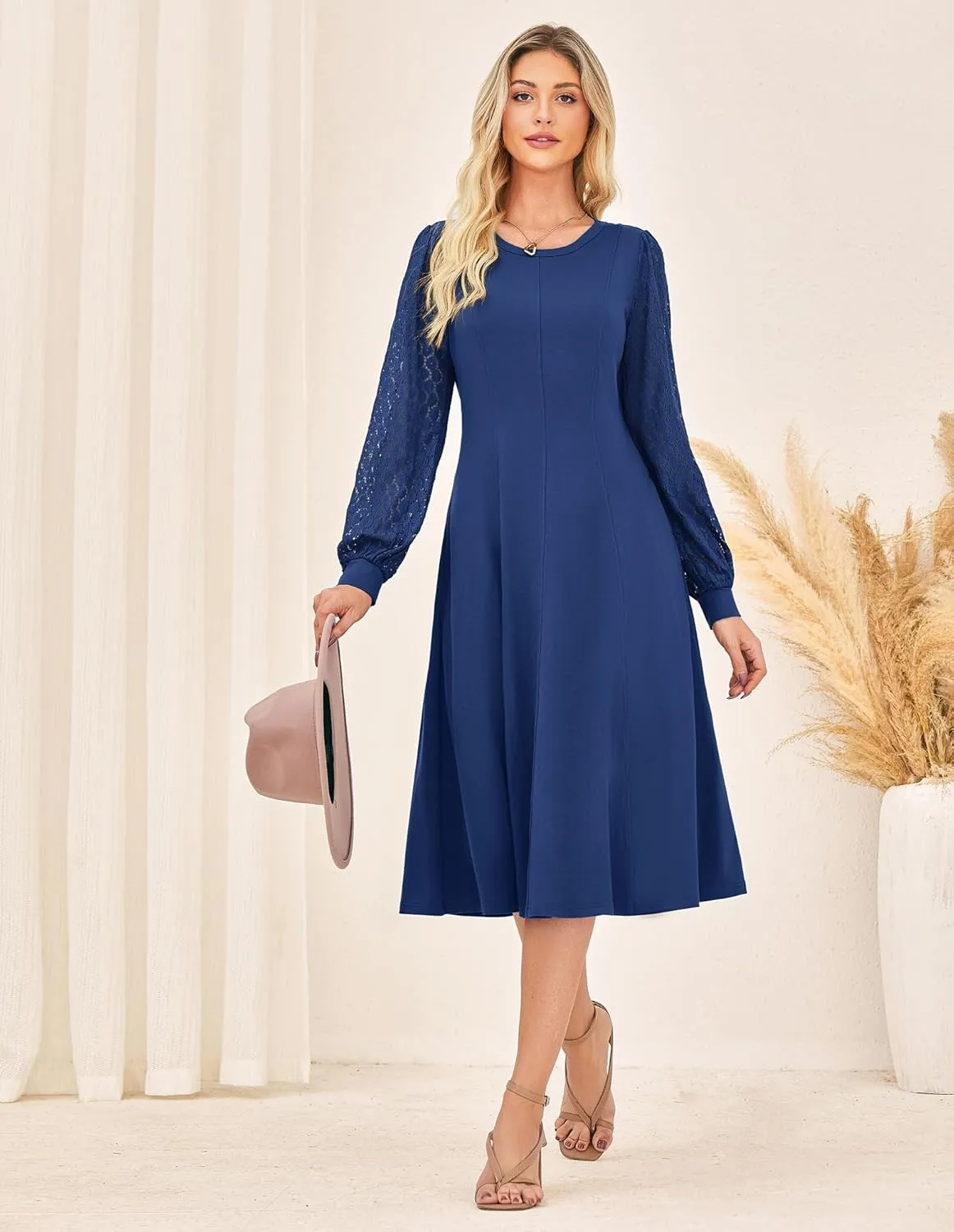GRACE KARIN Women's 2025 Summer Long Lace Sleeve Dresses Crewneck Pleated A Line Flowy Casual Midi Dresses with Pockets