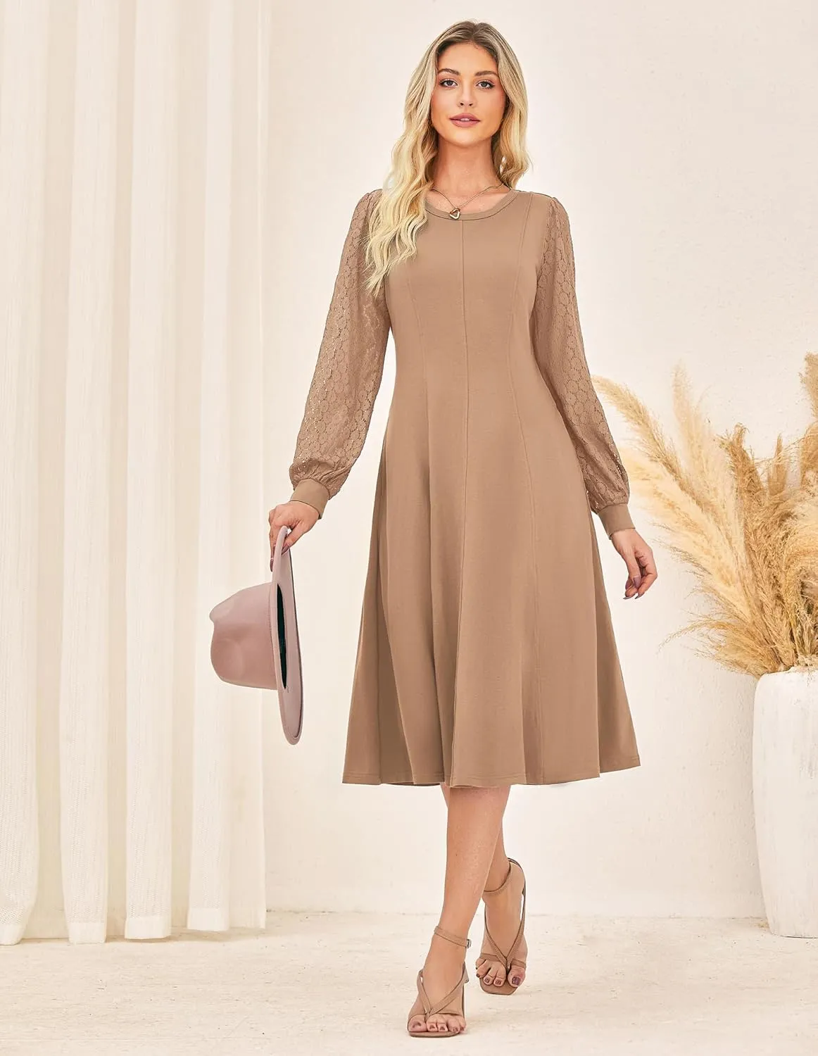GRACE KARIN Women's 2025 Summer Long Lace Sleeve Dresses Crewneck Pleated A Line Flowy Casual Midi Dresses with Pockets