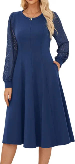 GRACE KARIN Women's 2025 Summer Long Lace Sleeve Dresses Crewneck Pleated A Line Flowy Casual Midi Dresses with Pockets