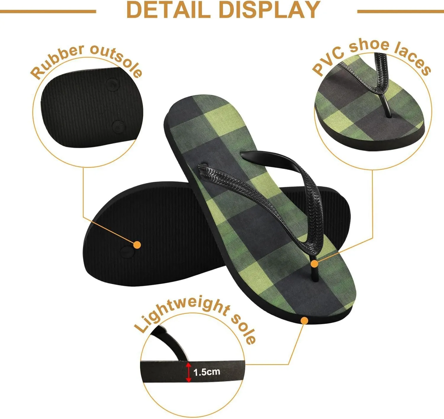 Green Black Plaid Women's Flip Flop Sandal Casual Summer Sandals, Mens Flip Flops for Beach Outdoor XS