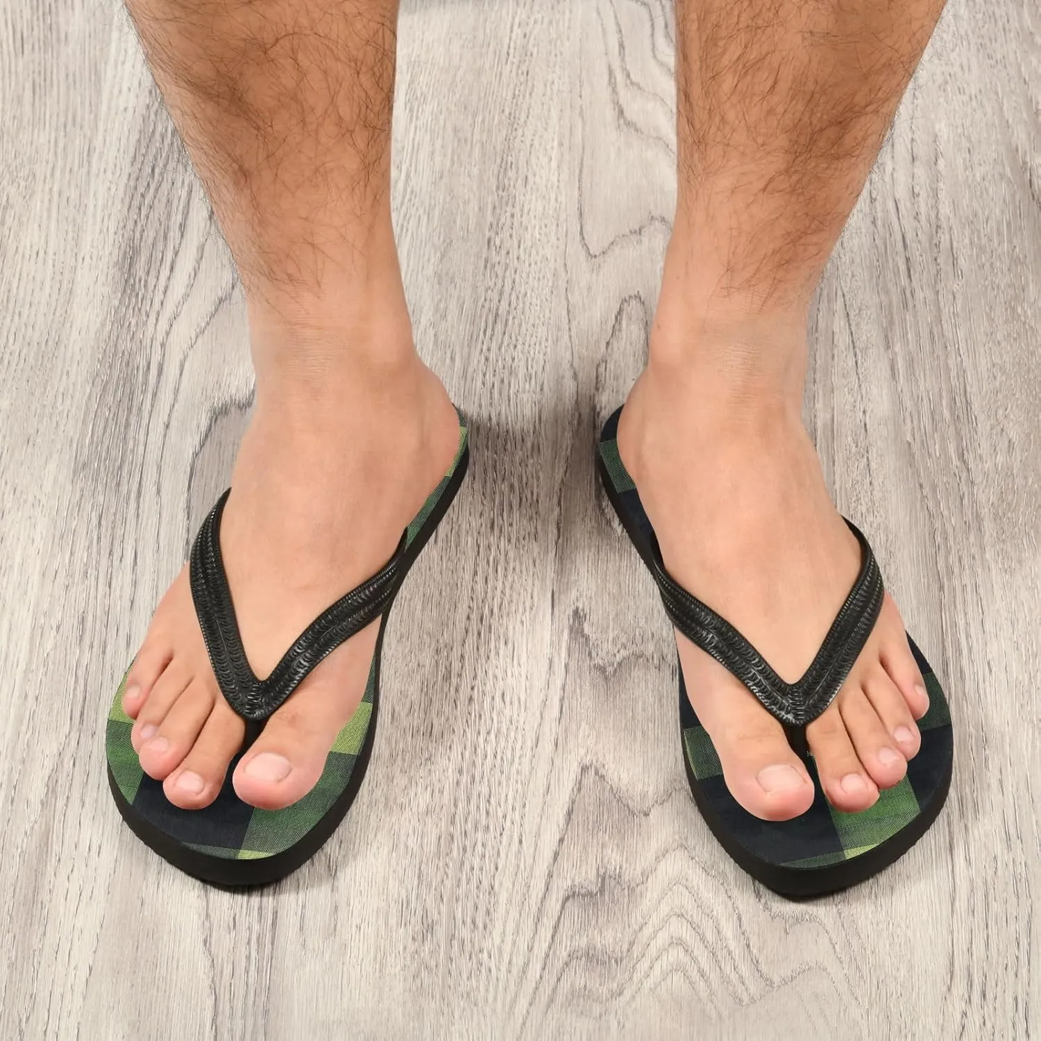 Green Black Plaid Women's Flip Flop Sandal Casual Summer Sandals, Mens Flip Flops for Beach Outdoor XS