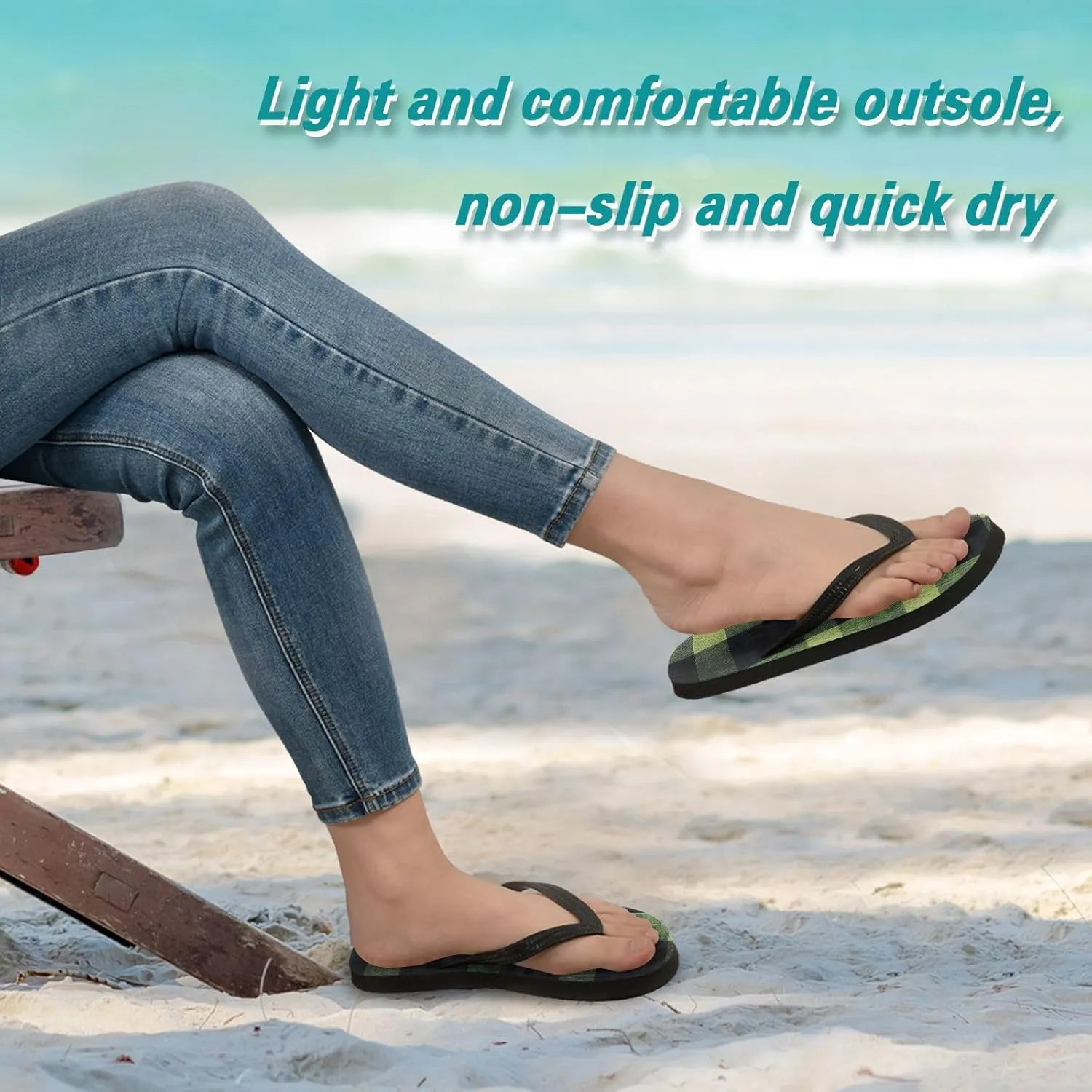 Green Black Plaid Women's Flip Flop Sandal Casual Summer Sandals, Mens Flip Flops for Beach Outdoor XS