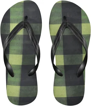 Green Black Plaid Women's Flip Flop Sandal Casual Summer Sandals, Mens Flip Flops for Beach Outdoor XS