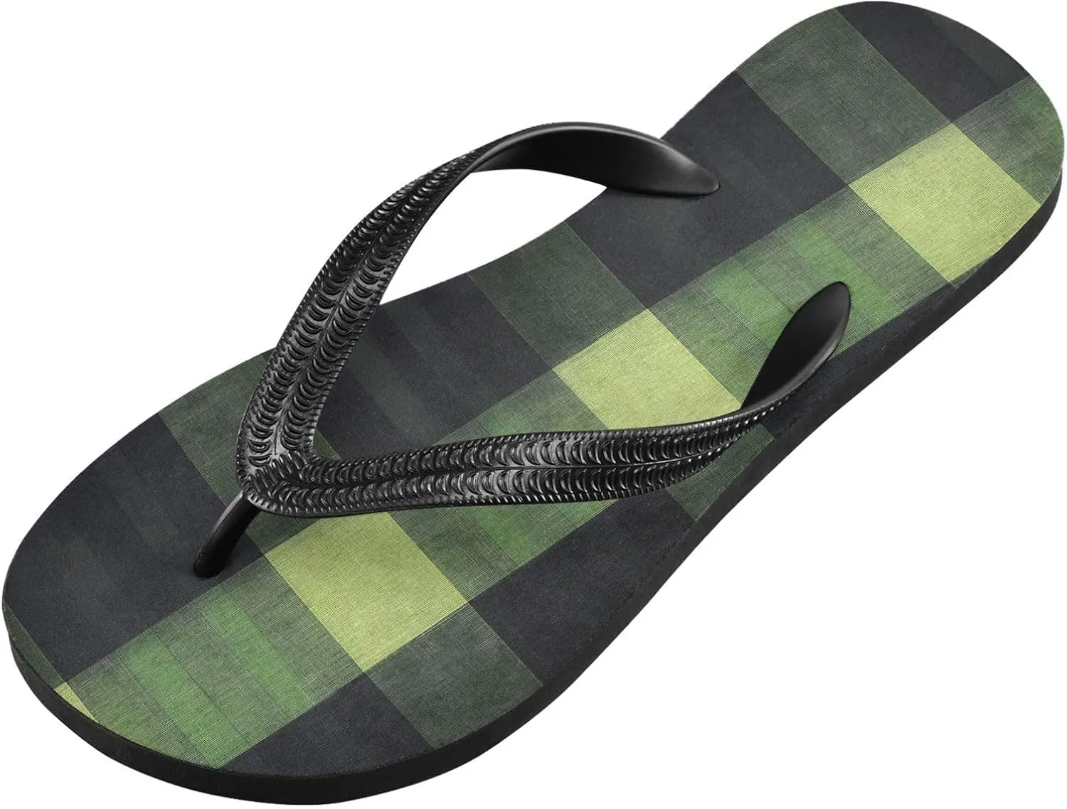 Green Black Plaid Women's Flip Flop Sandal Casual Summer Sandals, Mens Flip Flops for Beach Outdoor XS