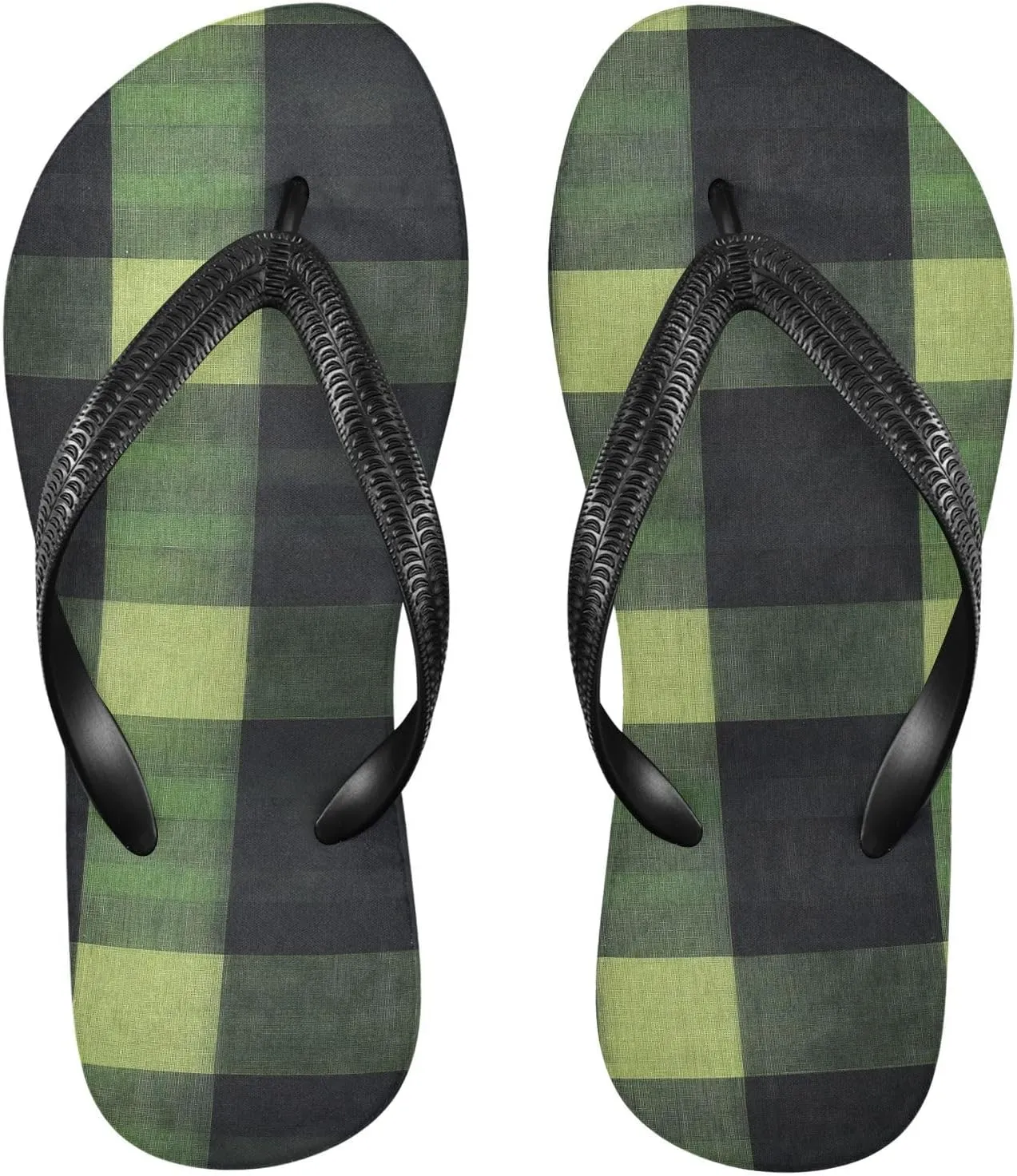 Green Black Plaid Women's Flip Flop Sandal Casual Summer Sandals, Mens Flip Flops for Beach Outdoor XS