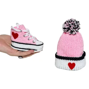 Hand Knitted Baby Girl Matching Pink Set Booties & Beanie - Organic Baby Outfit, Customizable, Soft Sole Crochet Newborn Sneakers, Baby Pink Handmade Hat