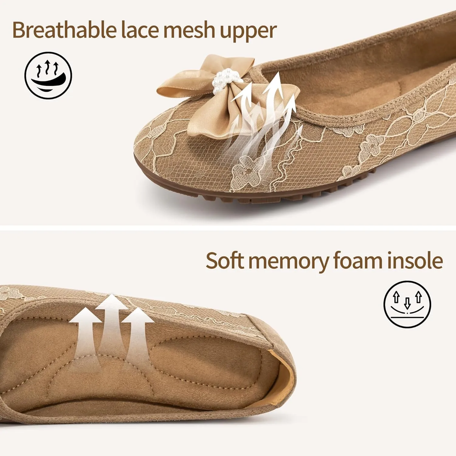 HARENCE Ballet Flats for Women Dressy: Comfortable Round Toe Bow Lace Mesh Wedding Flat Casual Slip On Walking Work Dress Shoes
