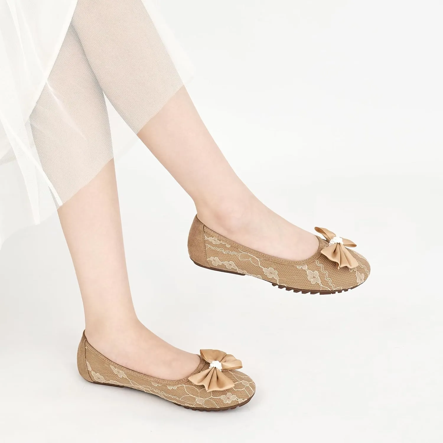 HARENCE Ballet Flats for Women Dressy: Comfortable Round Toe Bow Lace Mesh Wedding Flat Casual Slip On Walking Work Dress Shoes