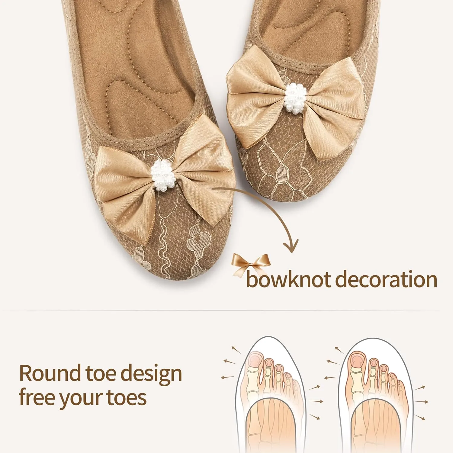 HARENCE Ballet Flats for Women Dressy: Comfortable Round Toe Bow Lace Mesh Wedding Flat Casual Slip On Walking Work Dress Shoes