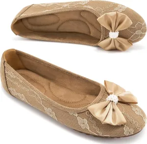 HARENCE Ballet Flats for Women Dressy: Comfortable Round Toe Bow Lace Mesh Wedding Flat Casual Slip On Walking Work Dress Shoes