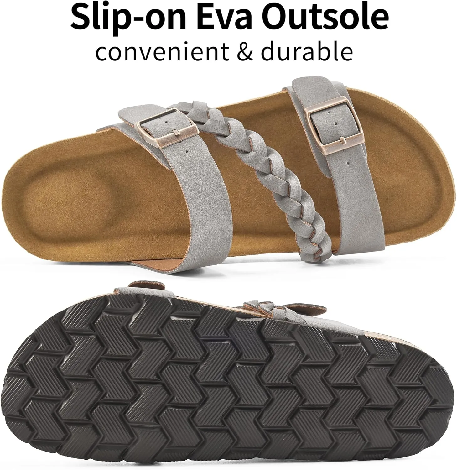 HARENCE Womens Flat Slides Sandals: Comfort Cork Footbed Slip On Slide Shoes Adjustable Buckle Open Toe Summer Outdoor Beach Sandal