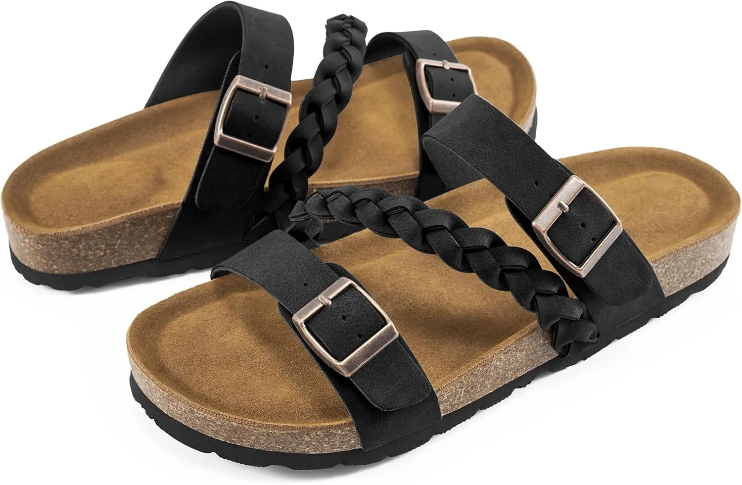 HARENCE Womens Flat Slides Sandals: Comfort Cork Footbed Slip On Slide Shoes Adjustable Buckle Open Toe Summer Outdoor Beach Sandal
