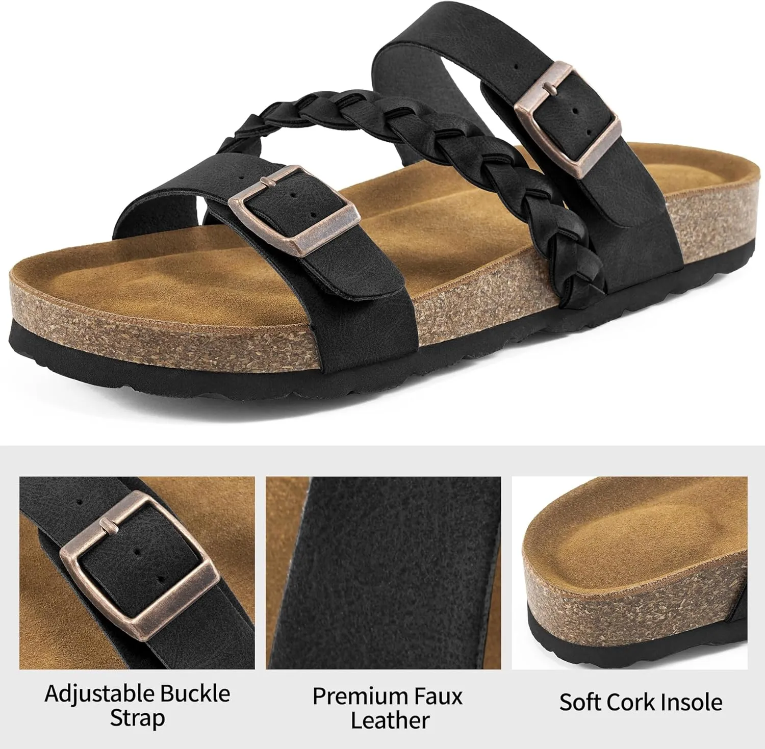 HARENCE Womens Flat Slides Sandals: Comfort Cork Footbed Slip On Slide Shoes Adjustable Buckle Open Toe Summer Outdoor Beach Sandal