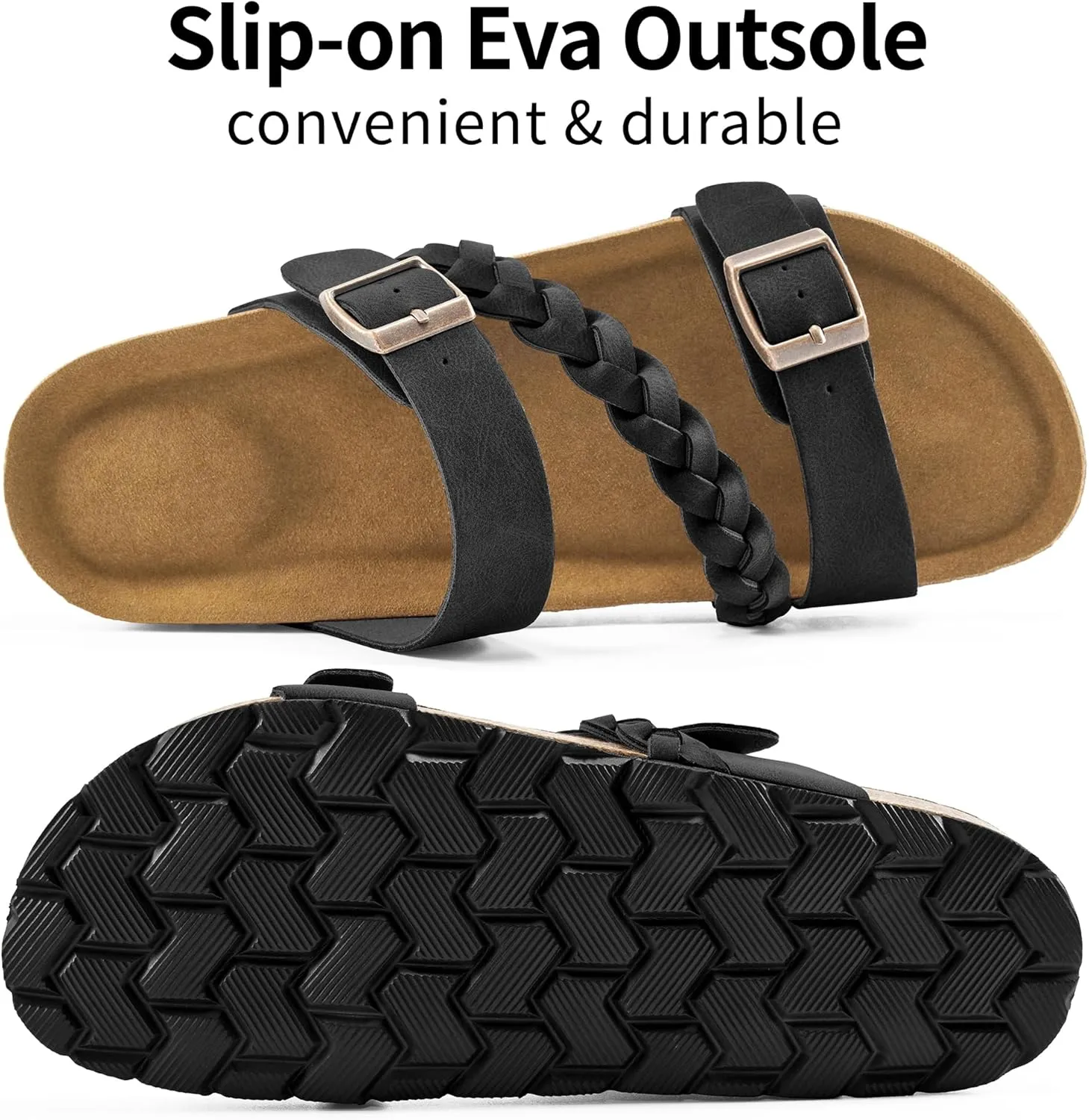 HARENCE Womens Flat Slides Sandals: Comfort Cork Footbed Slip On Slide Shoes Adjustable Buckle Open Toe Summer Outdoor Beach Sandal