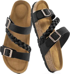 HARENCE Womens Flat Slides Sandals: Comfort Cork Footbed Slip On Slide Shoes Adjustable Buckle Open Toe Summer Outdoor Beach Sandal