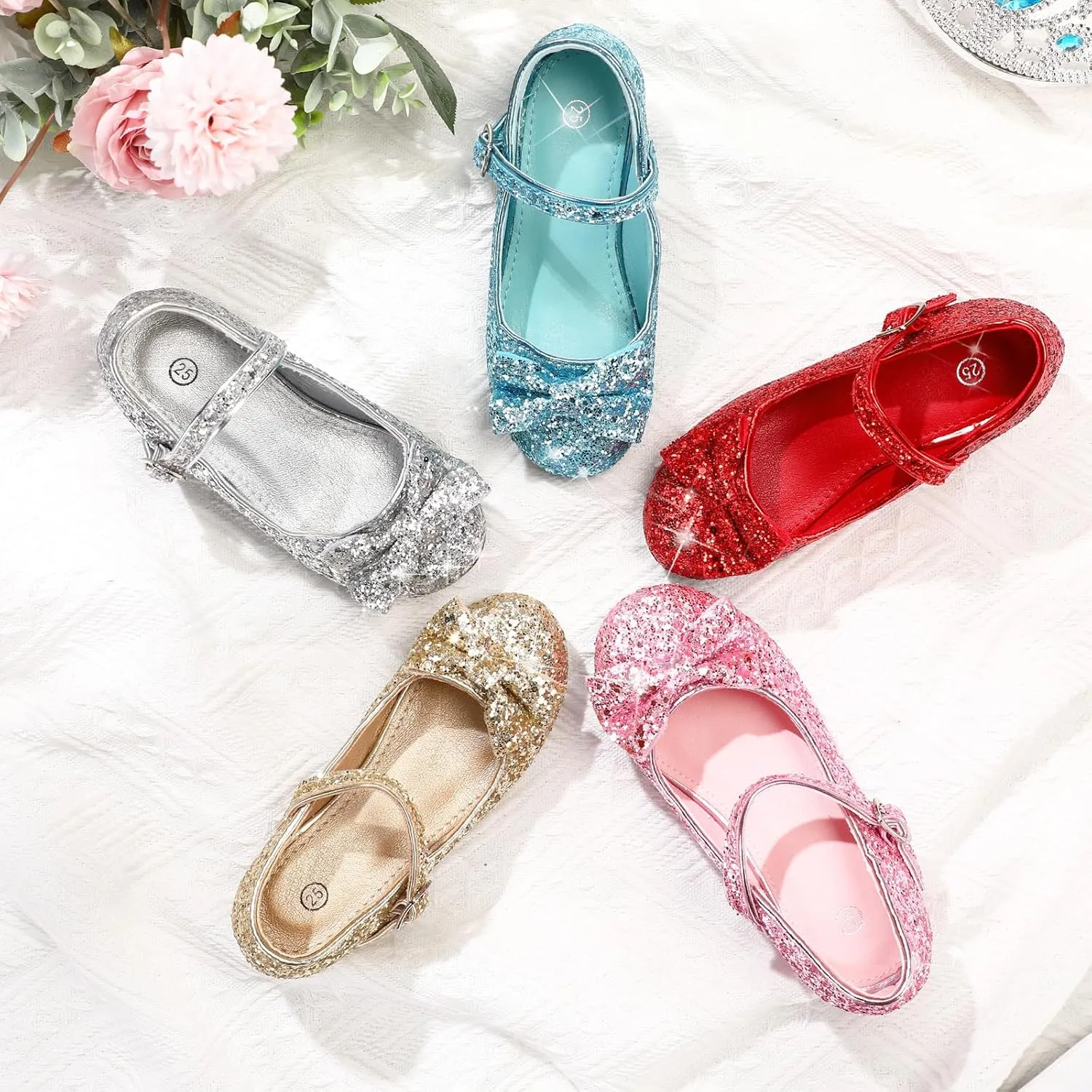 Haysandy Girls Glitter Dress Shoes Low Heel Princess Flats for Kids Toddler Flower Wedding Party Shoes with 2 Pairs Socks