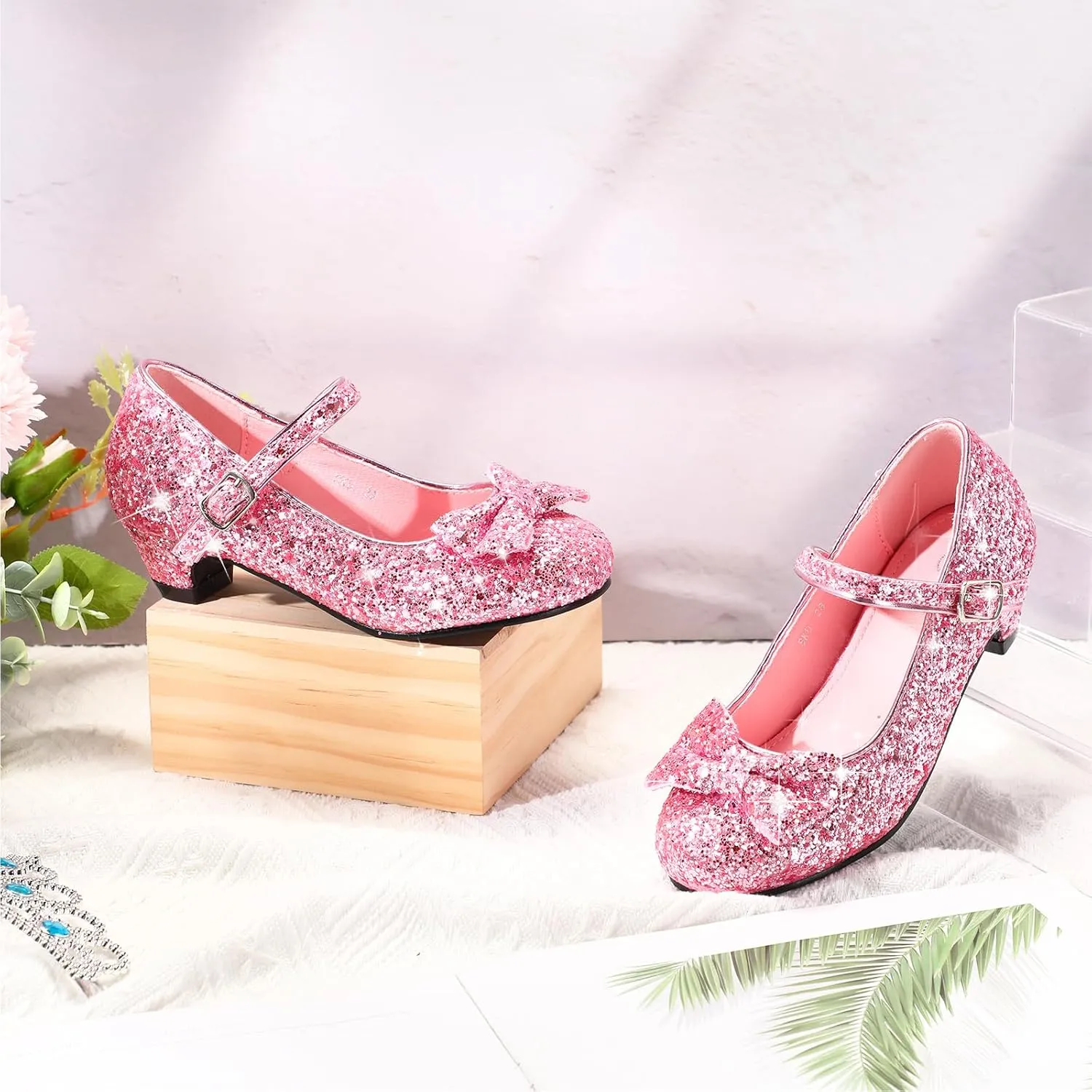 Haysandy Girls Glitter Dress Shoes Low Heel Princess Flats for Kids Toddler Flower Wedding Party Shoes with 2 Pairs Socks