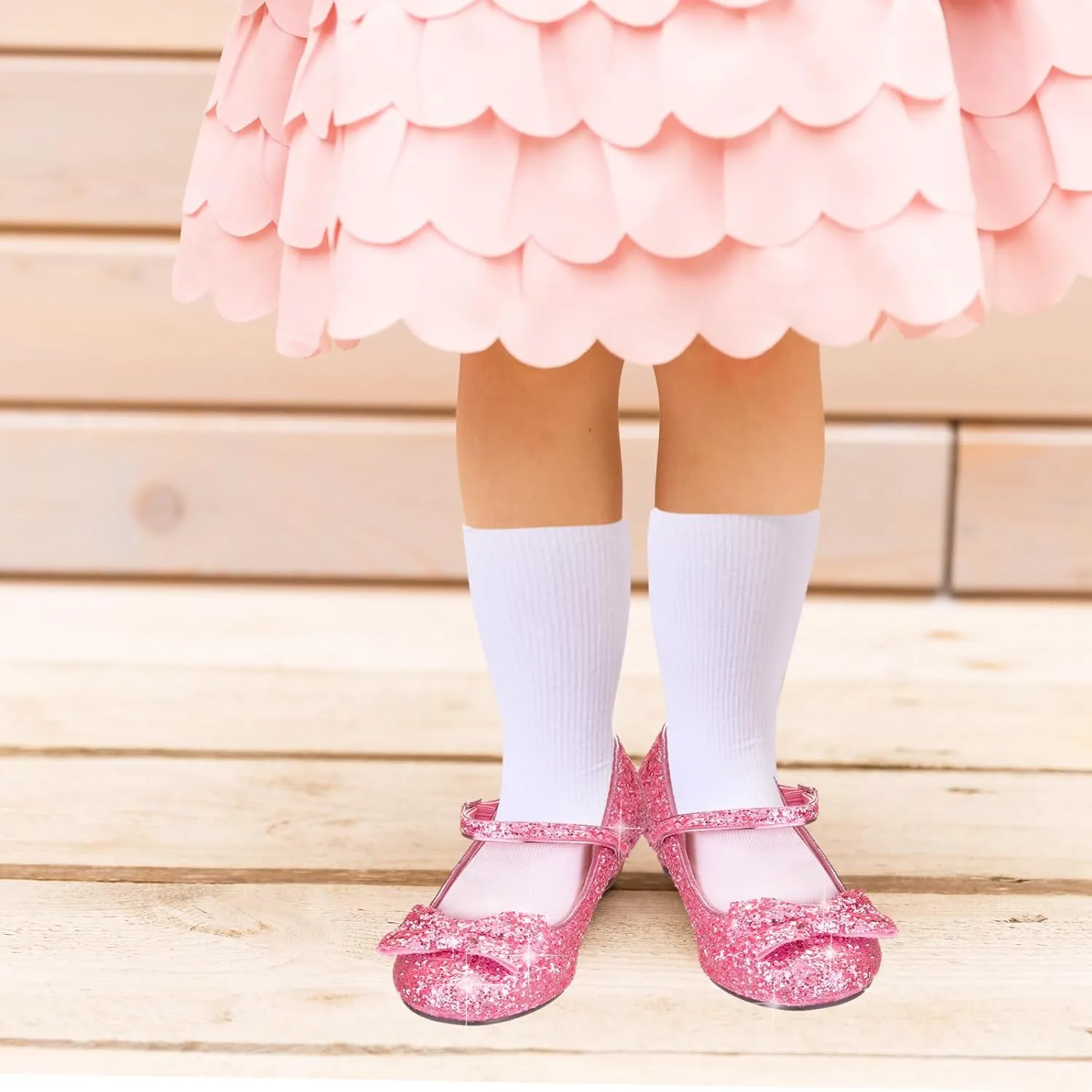 Haysandy Girls Glitter Dress Shoes Low Heel Princess Flats for Kids Toddler Flower Wedding Party Shoes with 2 Pairs Socks