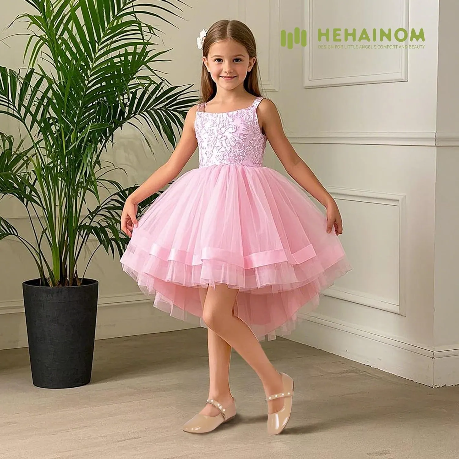Hehainom Girls Dress Shoes Flower Girl Ballet Flats for Little Big Kids Todder Wedding Party Peals Shoes