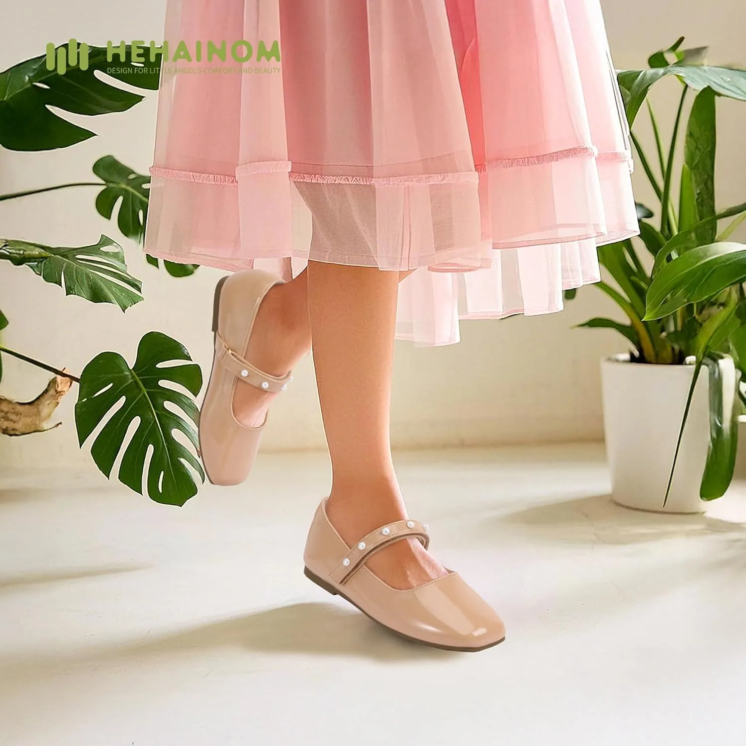 Hehainom Girls Dress Shoes Flower Girl Ballet Flats for Little Big Kids Todder Wedding Party Peals Shoes