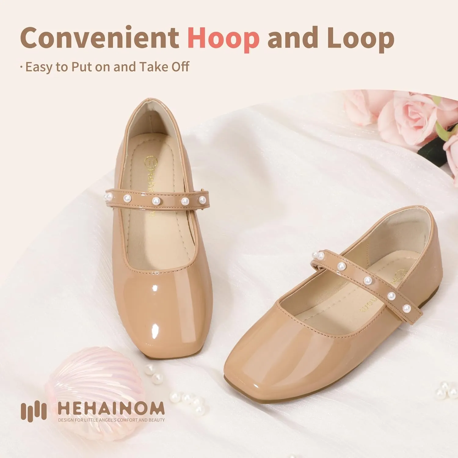 Hehainom Girls Dress Shoes Flower Girl Ballet Flats for Little Big Kids Todder Wedding Party Peals Shoes