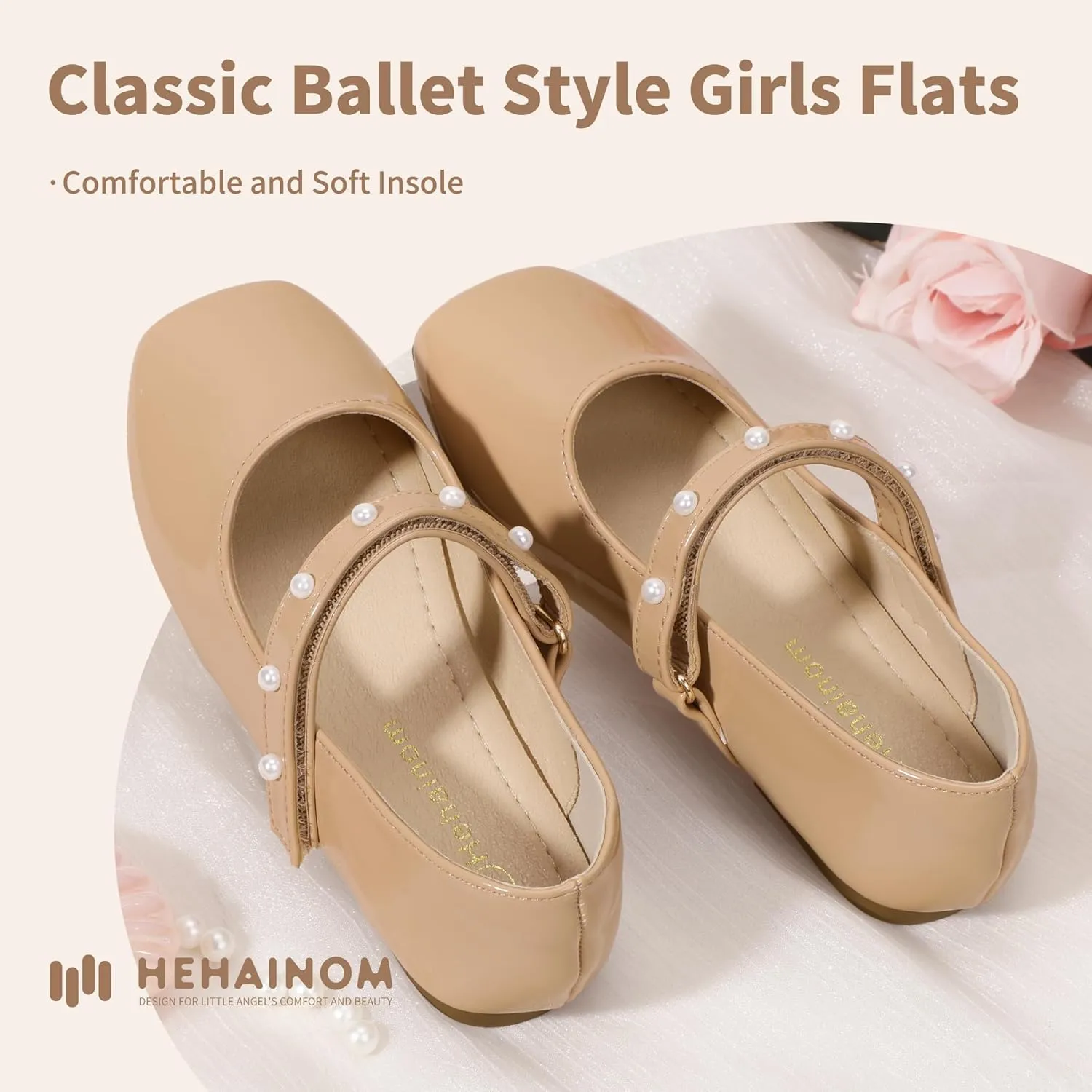 Hehainom Girls Dress Shoes Flower Girl Ballet Flats for Little Big Kids Todder Wedding Party Peals Shoes