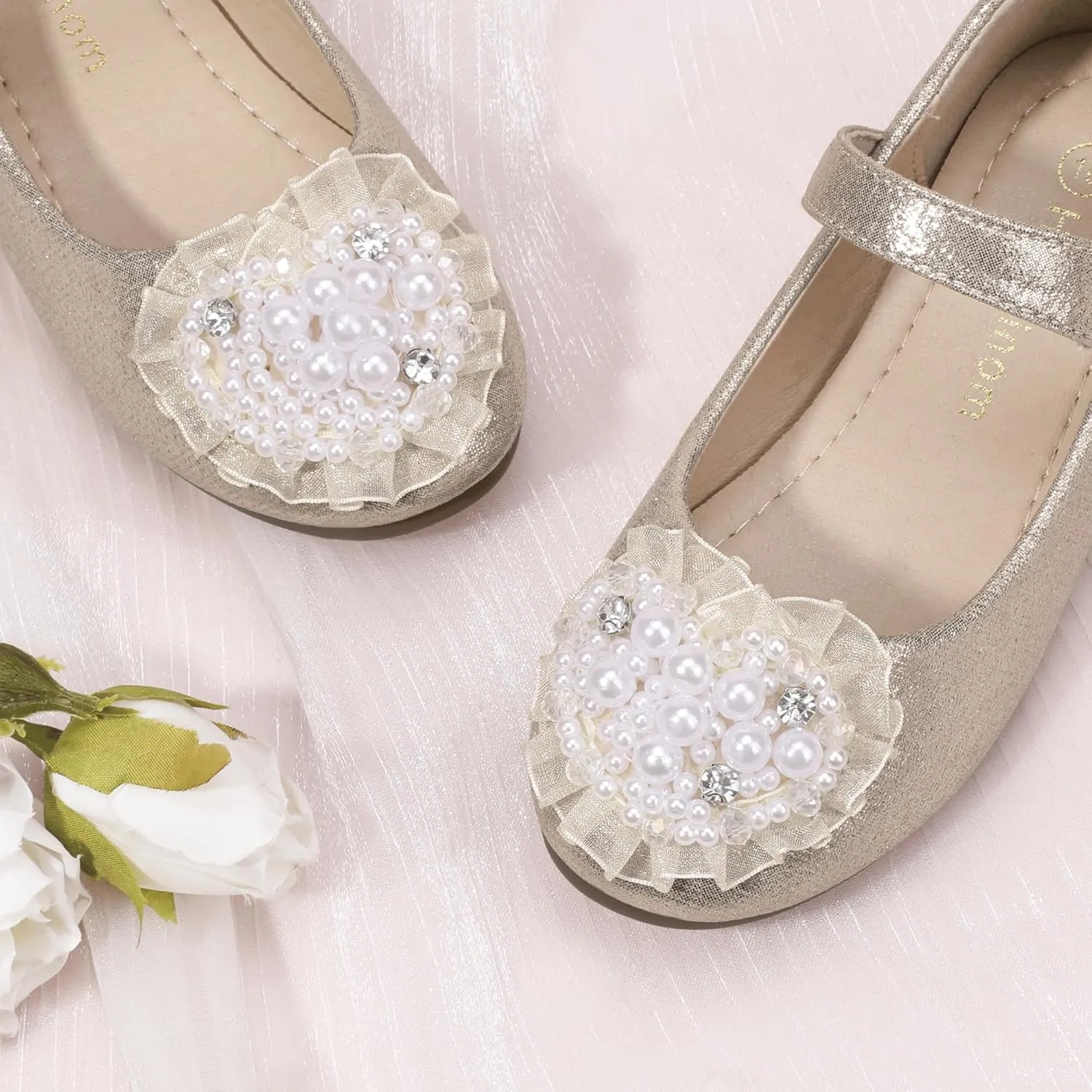 Hehainom Toddler Flower Girl Dress Shoes Rhinstones Pearls Mary Jane Ballet Flats Wedding Party Toddler Little Kid Princess Shoes
