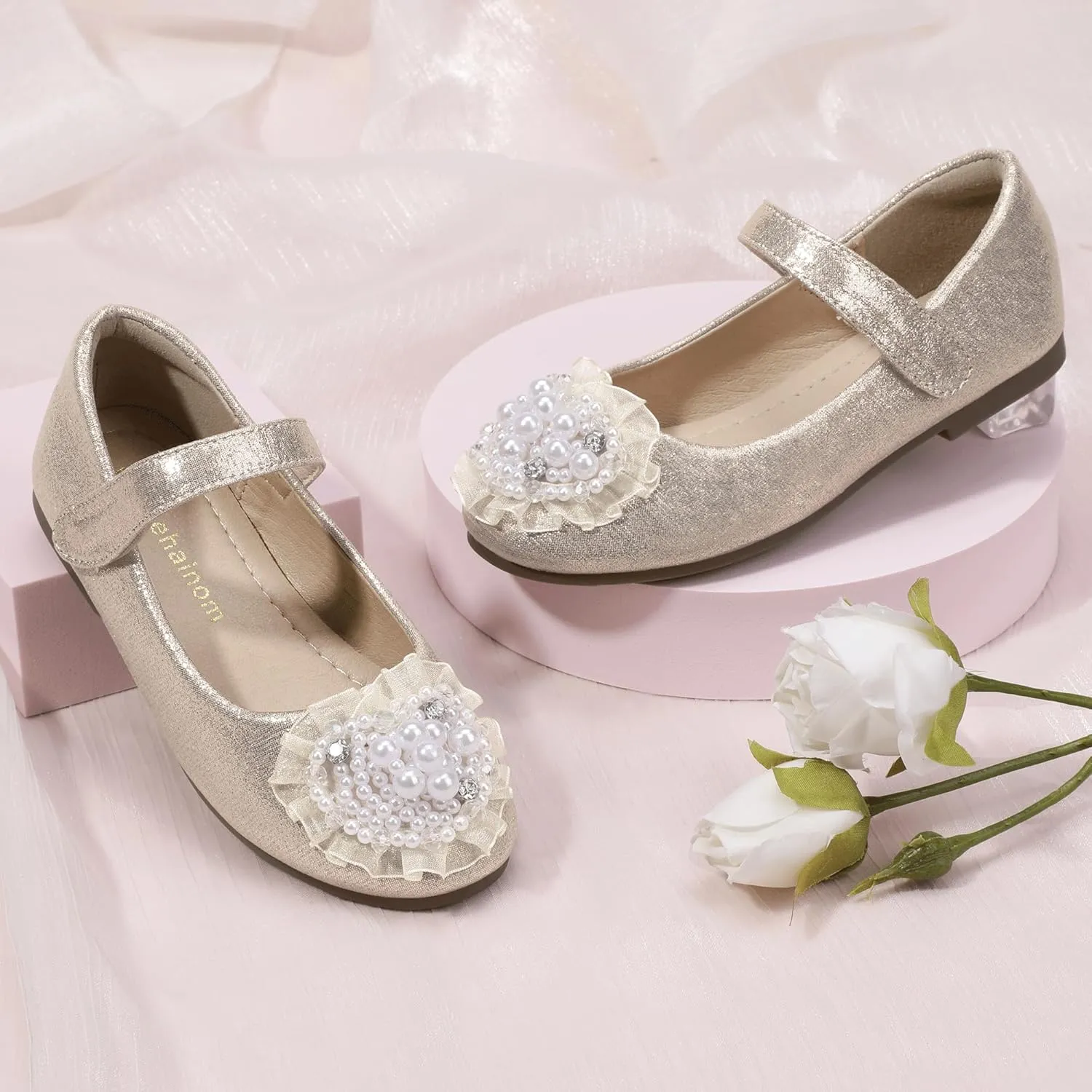 Hehainom Toddler Flower Girl Dress Shoes Rhinstones Pearls Mary Jane Ballet Flats Wedding Party Toddler Little Kid Princess Shoes