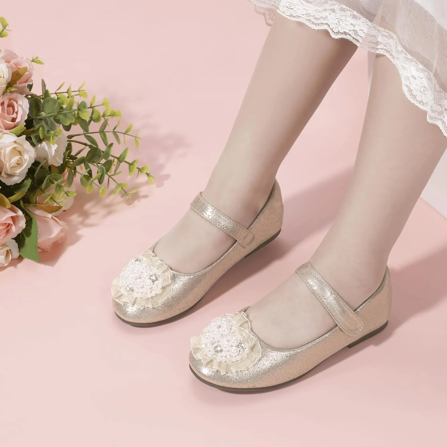 Hehainom Toddler Flower Girl Dress Shoes Rhinstones Pearls Mary Jane Ballet Flats Wedding Party Toddler Little Kid Princess Shoes