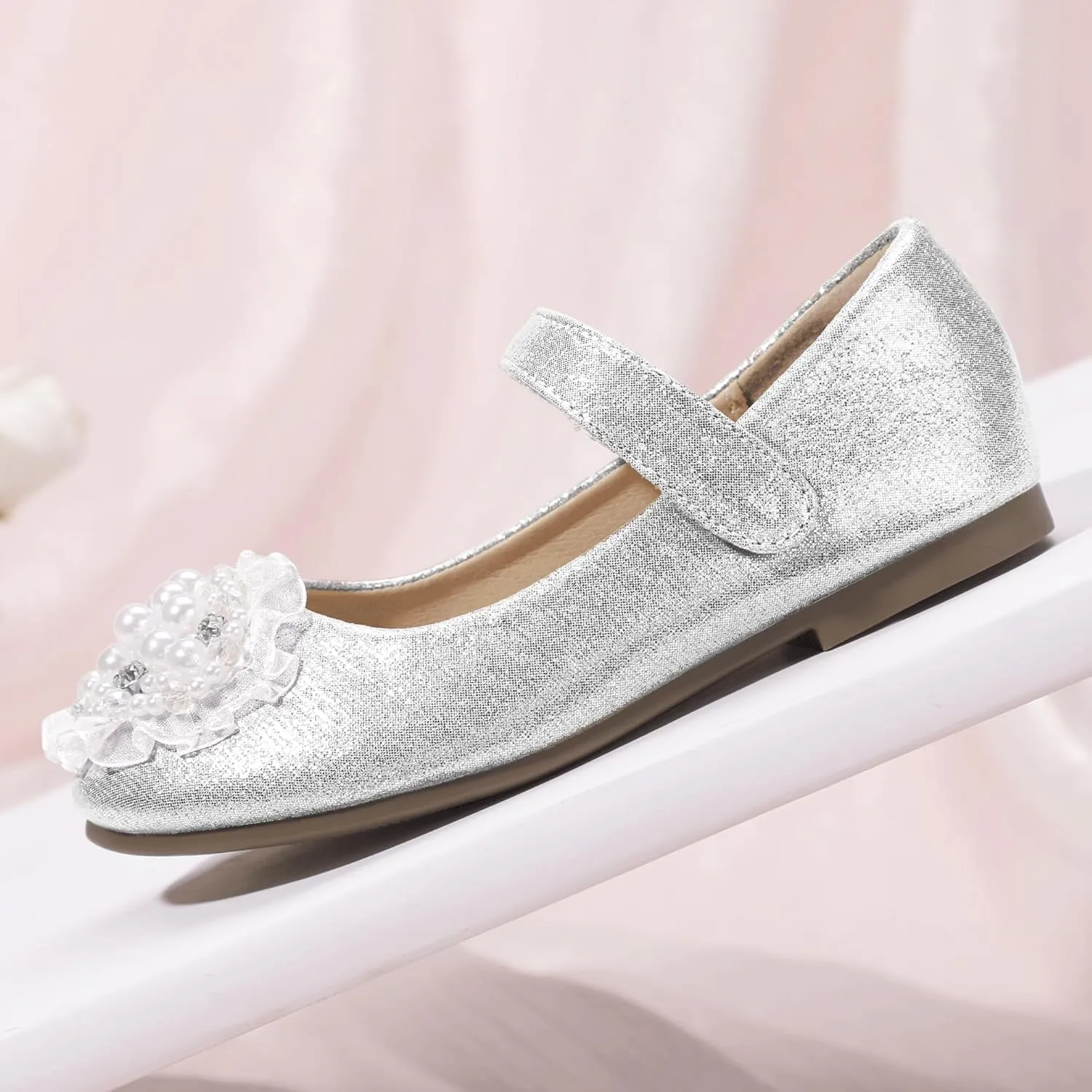 Hehainom Toddler Flower Girl Dress Shoes Rhinstones Pearls Mary Jane Ballet Flats Wedding Party Toddler Little Kid Princess Shoes