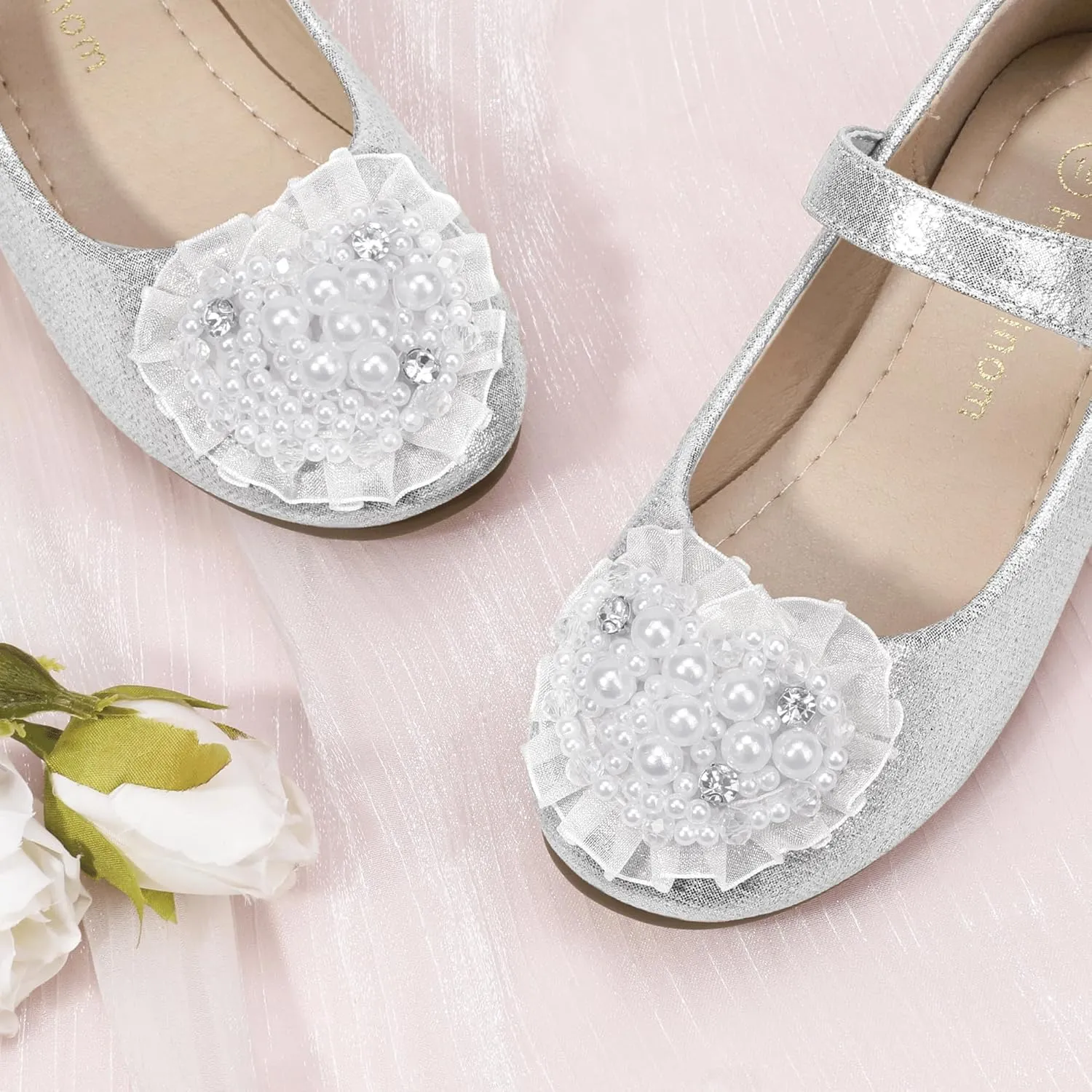 Hehainom Toddler Flower Girl Dress Shoes Rhinstones Pearls Mary Jane Ballet Flats Wedding Party Toddler Little Kid Princess Shoes