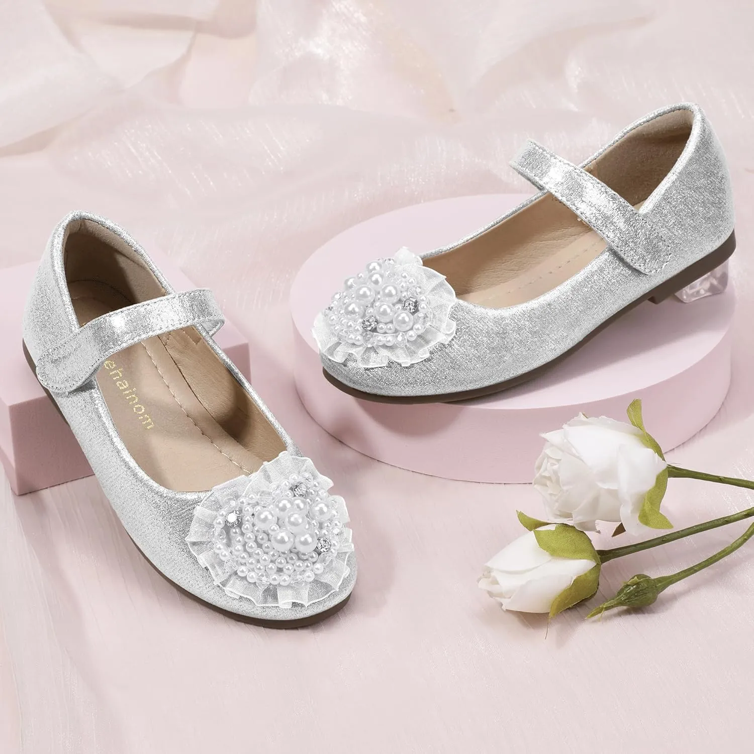 Hehainom Toddler Flower Girl Dress Shoes Rhinstones Pearls Mary Jane Ballet Flats Wedding Party Toddler Little Kid Princess Shoes