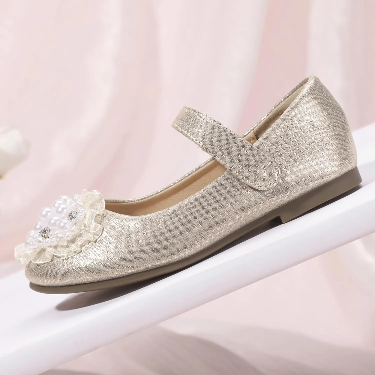 Hehainom Toddler Flower Girl Dress Shoes Rhinstones Pearls Mary Jane Ballet Flats Wedding Party Toddler Little Kid Princess Shoes