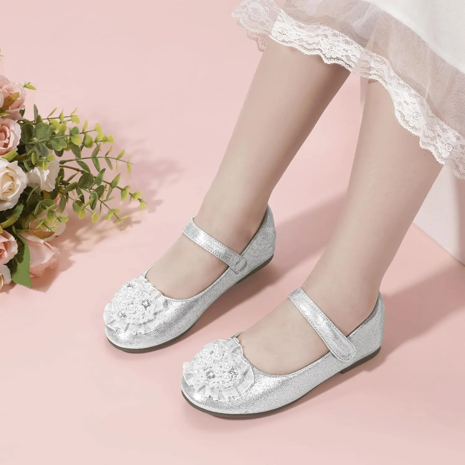 Hehainom Toddler Flower Girl Dress Shoes Rhinstones Pearls Mary Jane Ballet Flats Wedding Party Toddler Little Kid Princess Shoes
