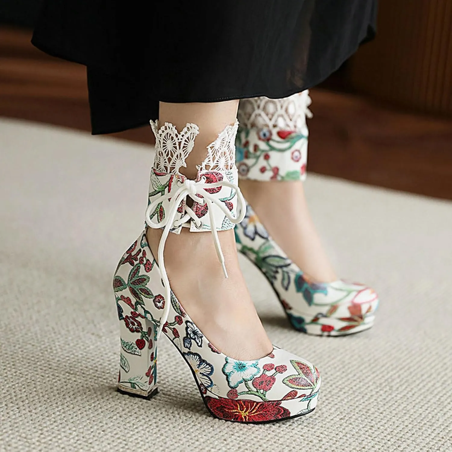 High Heels Women's Platform Block Heel Pumps Embroidered Print Lace Up Party Wedding Dress Shoes 10.5cm