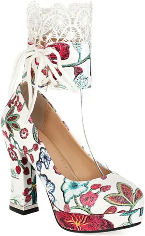 High Heels Women's Platform Block Heel Pumps Embroidered Print Lace Up Party Wedding Dress Shoes 10.5cm
