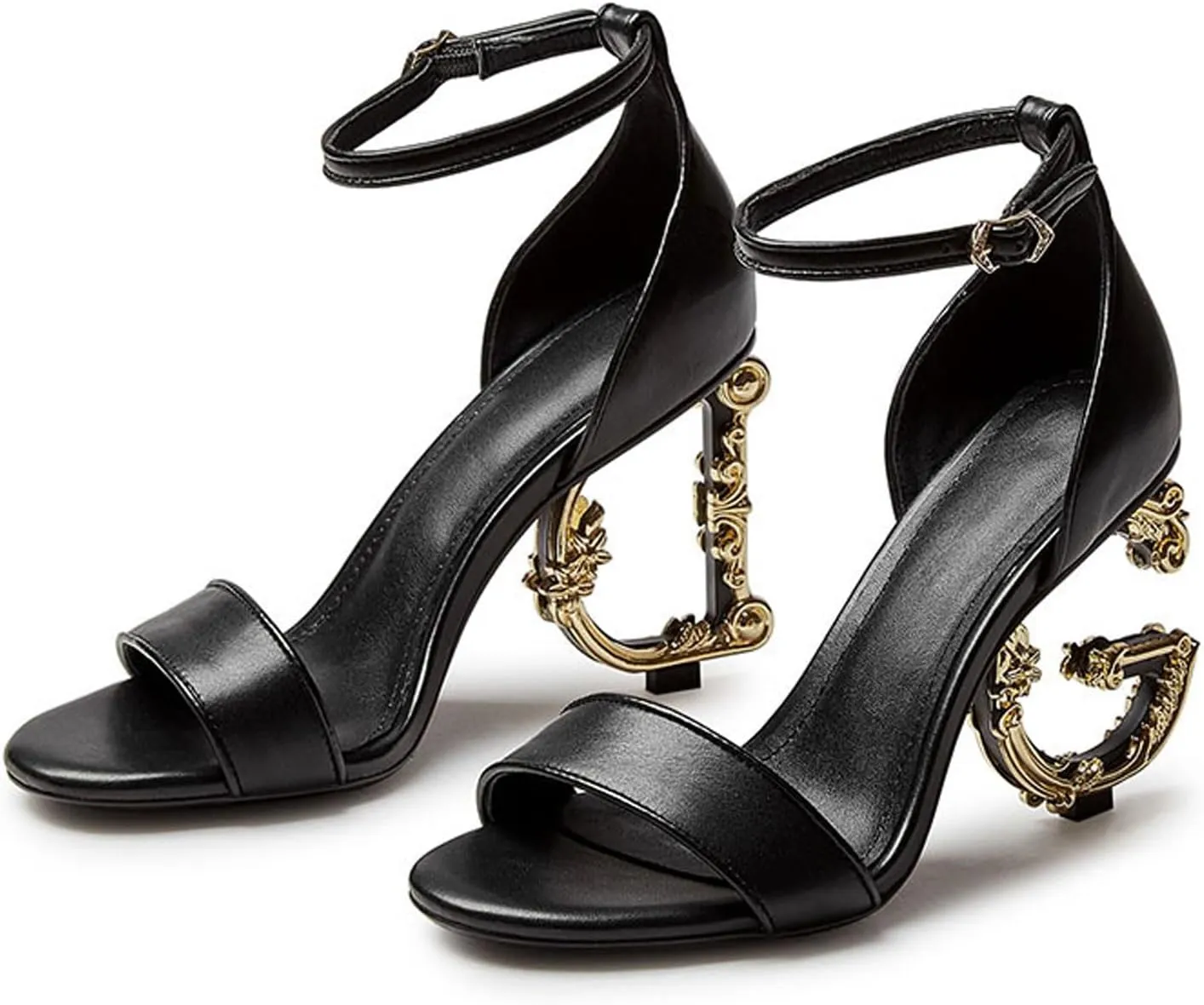 High Heels Women's Round Open Toe Sandals Metal Letter Heel Ankle Strap Pumps Party Dress Shoes 9.5cm