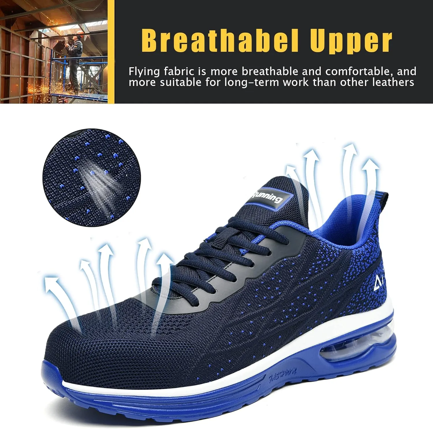 HiHatide Steel Toe Shoes for Men Work Shoes Safety Sneakers Air Cushion Lightweight Slip Resistant Breathable Comfortable