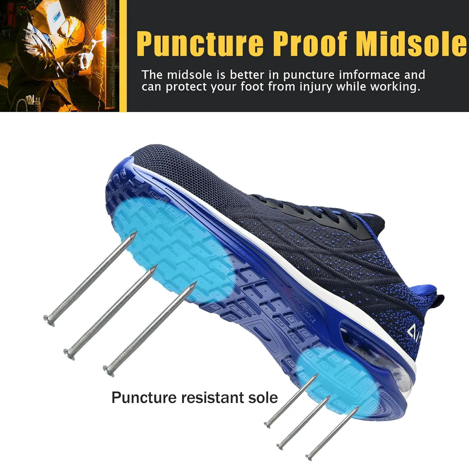 HiHatide Steel Toe Shoes for Men Work Shoes Safety Sneakers Air Cushion Lightweight Slip Resistant Breathable Comfortable