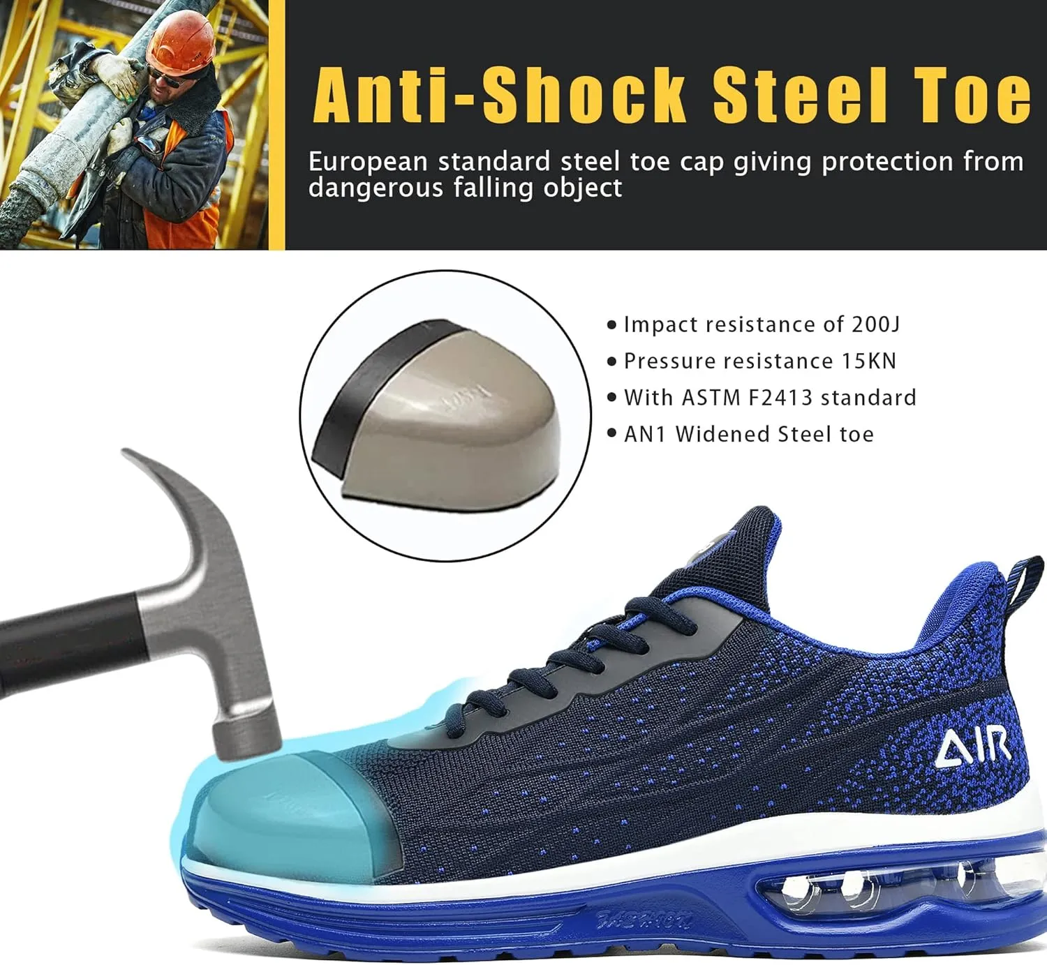 HiHatide Steel Toe Shoes for Men Work Shoes Safety Sneakers Air Cushion Lightweight Slip Resistant Breathable Comfortable