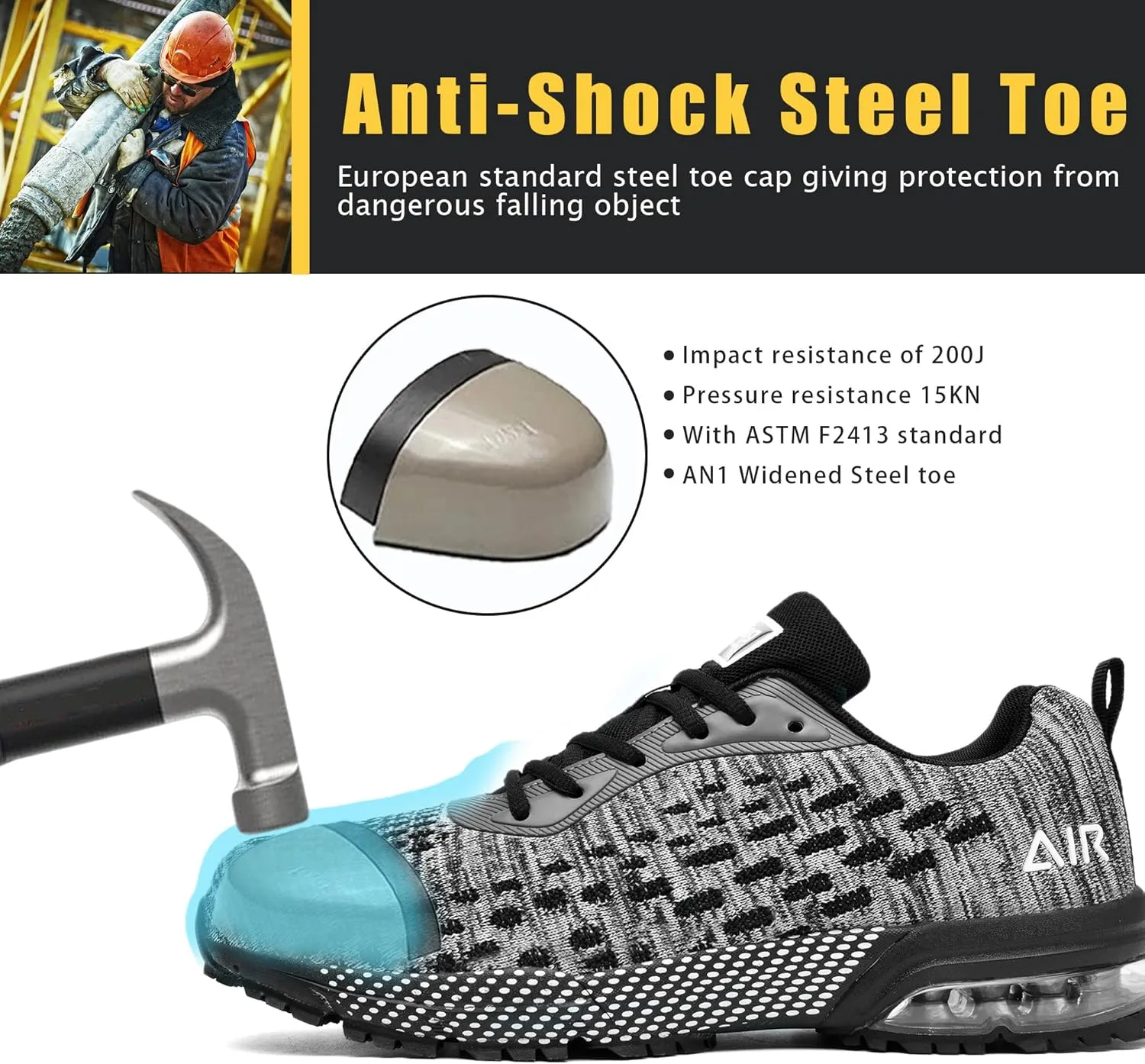 HiHatide Steel Toe Shoes for Men Work Shoes Safety Sneakers Air Cushion Lightweight Slip Resistant Breathable Comfortable