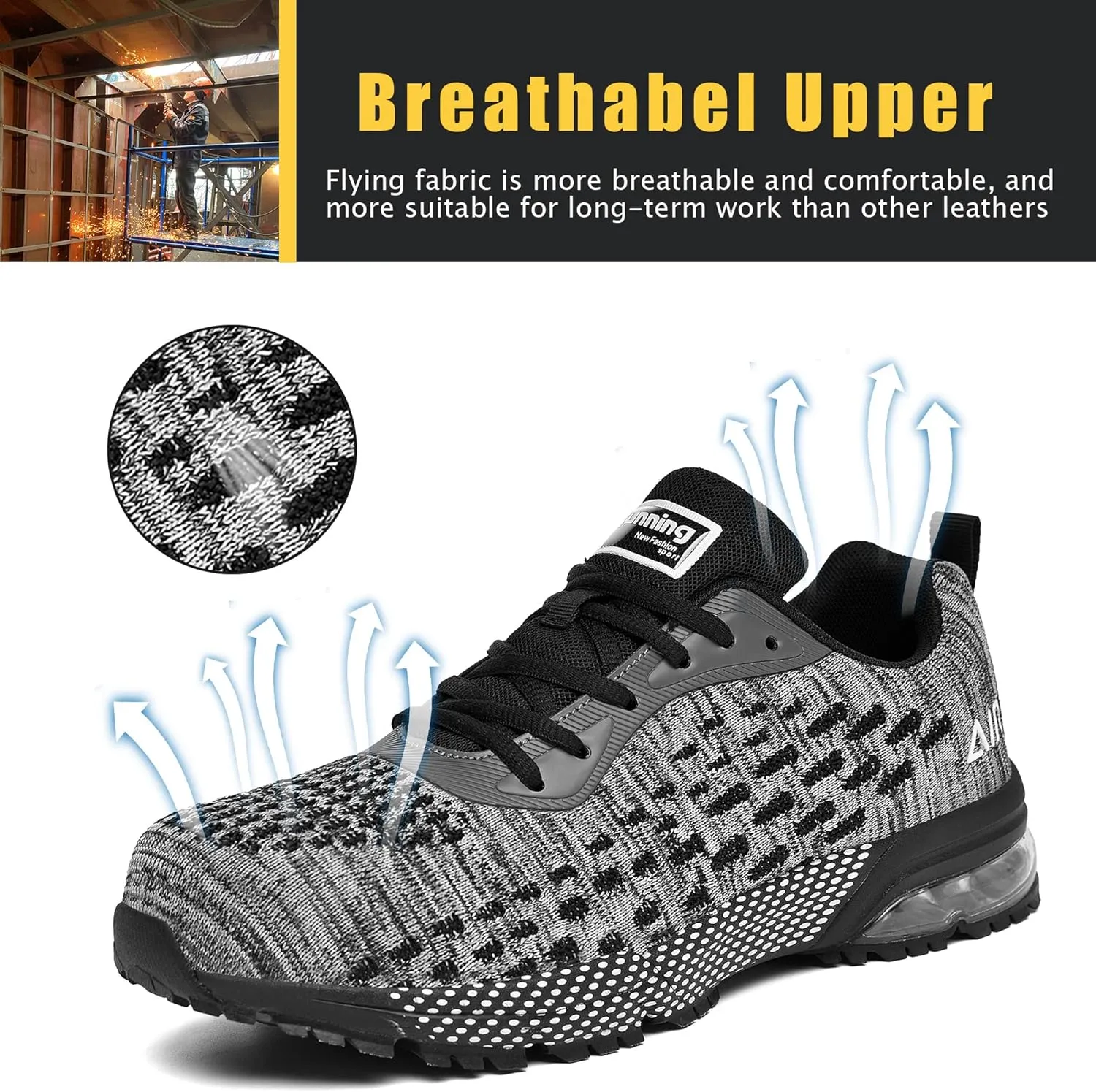 HiHatide Steel Toe Shoes for Men Work Shoes Safety Sneakers Air Cushion Lightweight Slip Resistant Breathable Comfortable