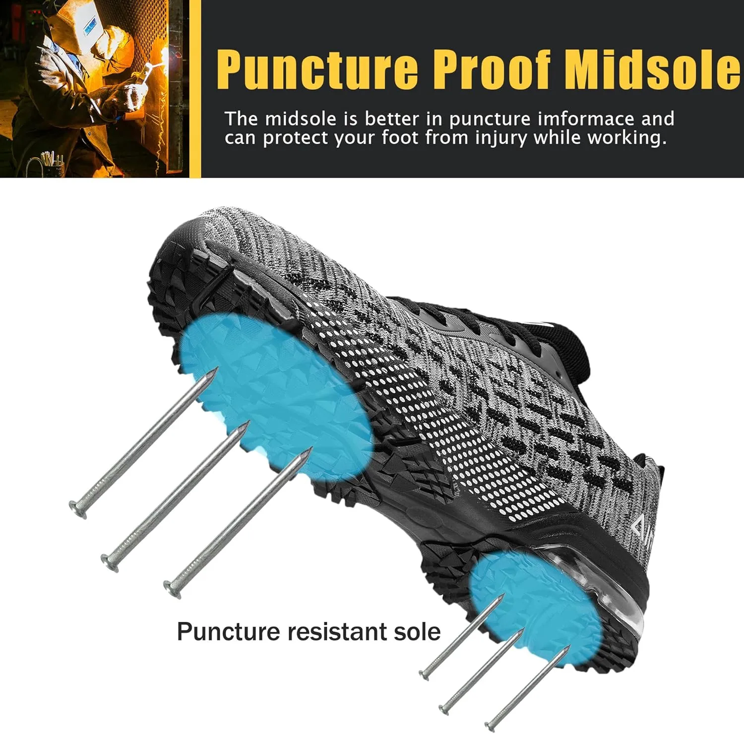 HiHatide Steel Toe Shoes for Men Work Shoes Safety Sneakers Air Cushion Lightweight Slip Resistant Breathable Comfortable