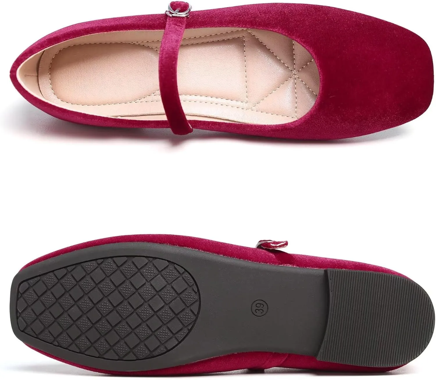 HuangTaiJi Qing Women Fashion Mary Janes Shoes Ankle Buckle Square Toe Female Comfortable Casual Flats Shoes Soft Walking Dressy Work Ballerina Flats