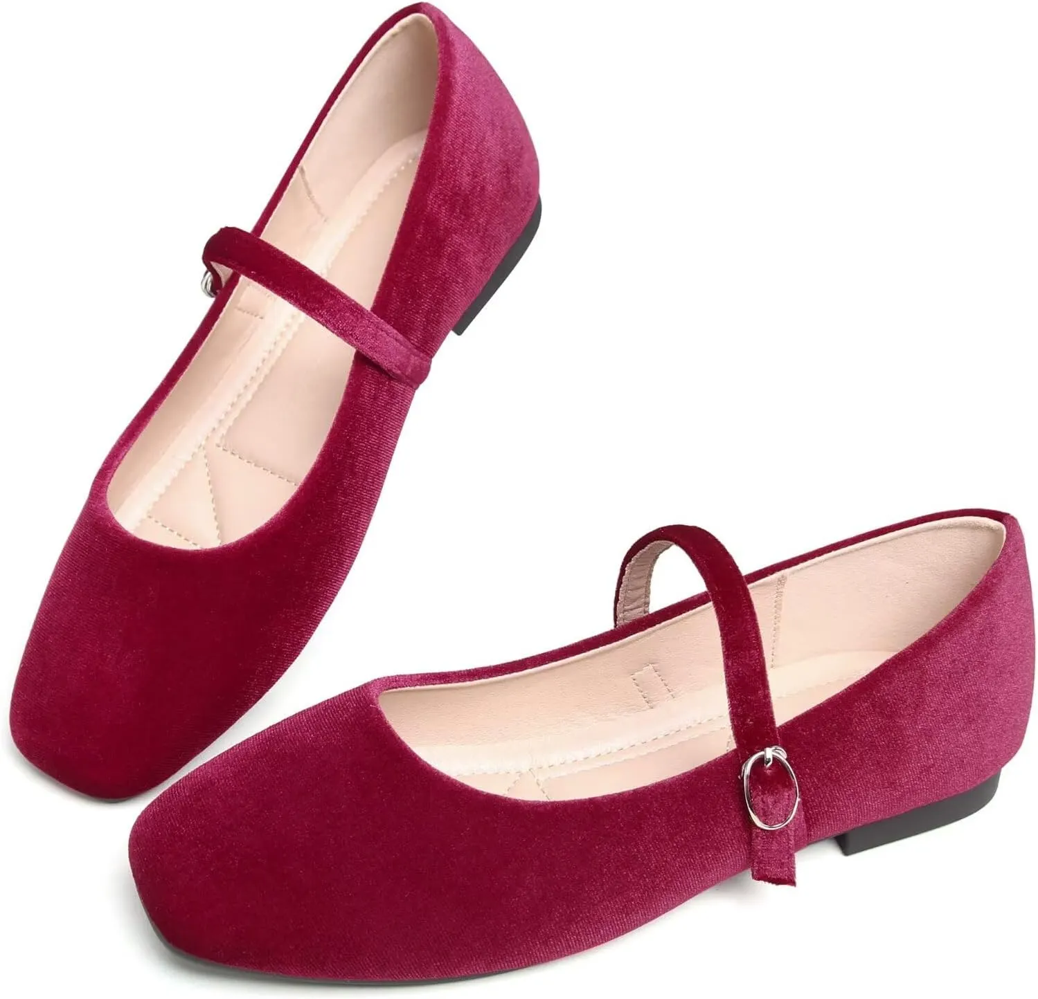 HuangTaiJi Qing Women Fashion Mary Janes Shoes Ankle Buckle Square Toe Female Comfortable Casual Flats Shoes Soft Walking Dressy Work Ballerina Flats