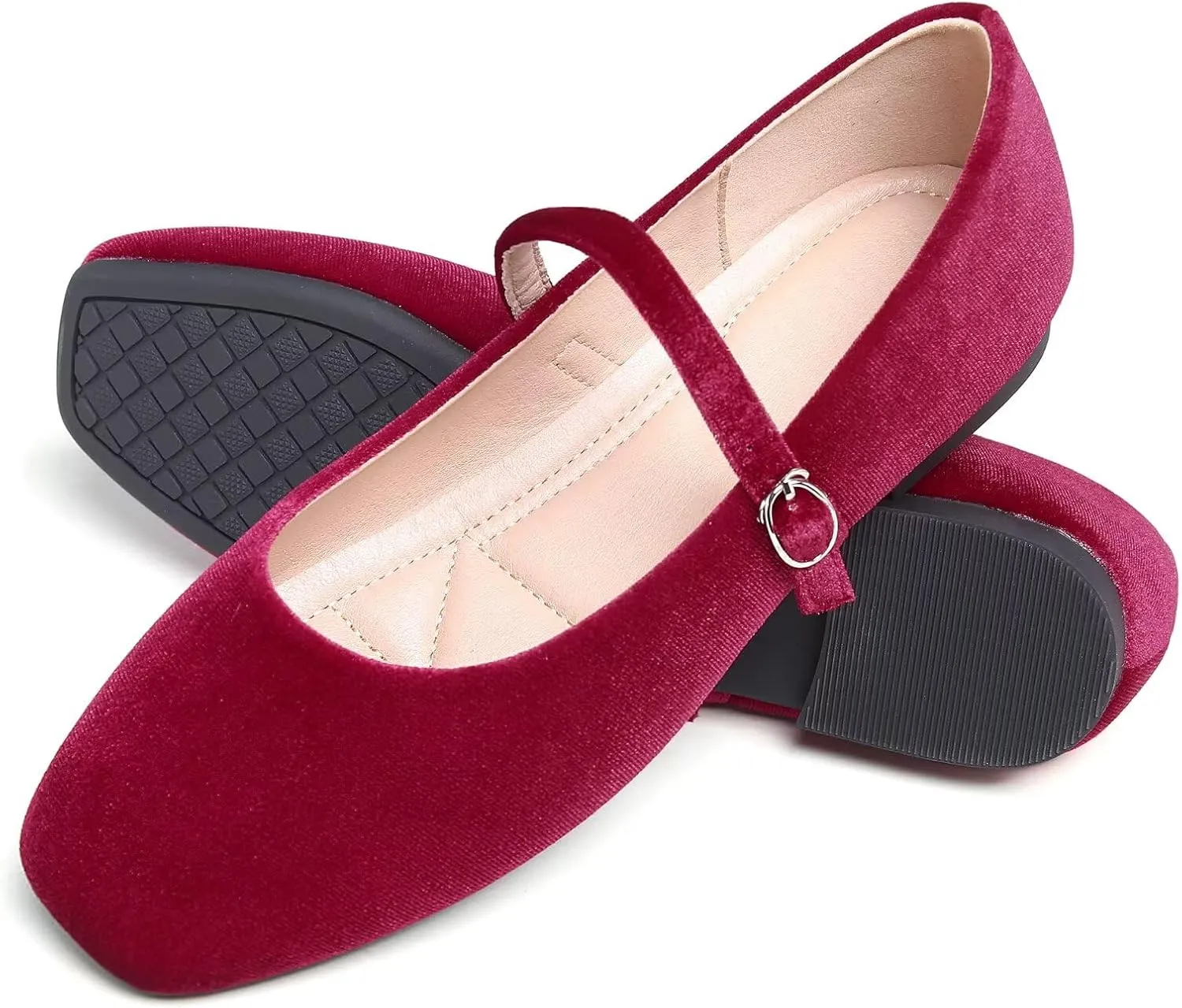 HuangTaiJi Qing Women Fashion Mary Janes Shoes Ankle Buckle Square Toe Female Comfortable Casual Flats Shoes Soft Walking Dressy Work Ballerina Flats